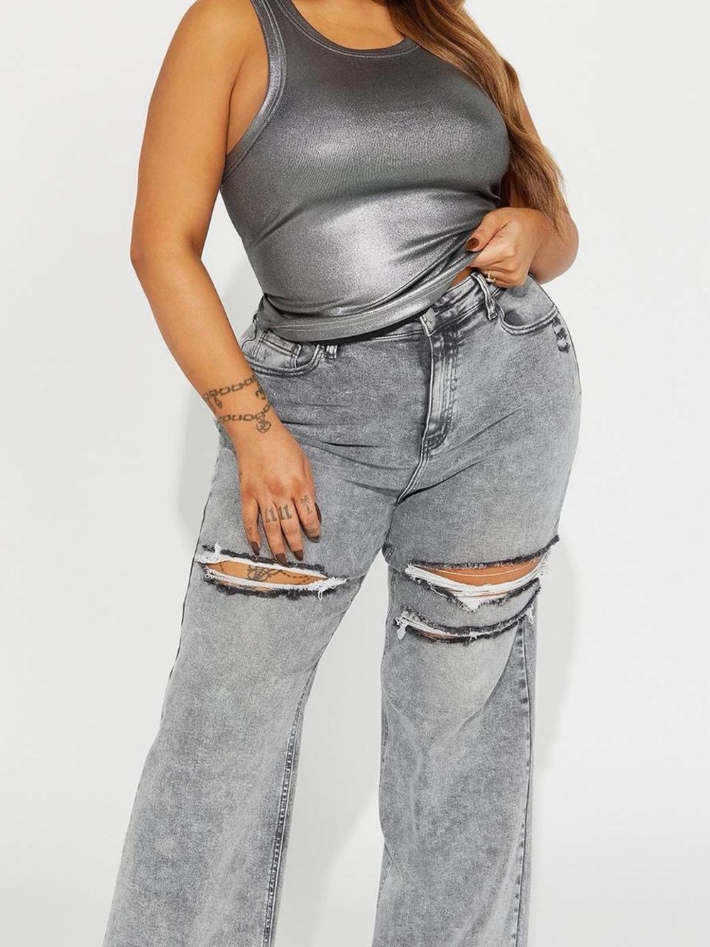 Fashion Nova Silver-Gray Distressed Wide Leg Jeans